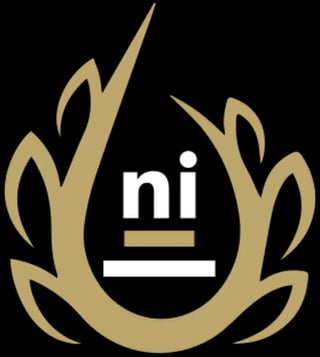 Gold flame emblem with ni letters and horizontal line on black background